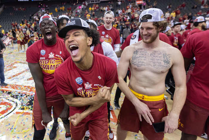 Mar 16, 2024; Kansas City, MO, USA; Iowa State Cyclones guard Curtis Jones (5) and Iowa State Cyclones forward Conrad Hawley (23) celebrate after the game against the Houston Cougars at T-Mobile Center.